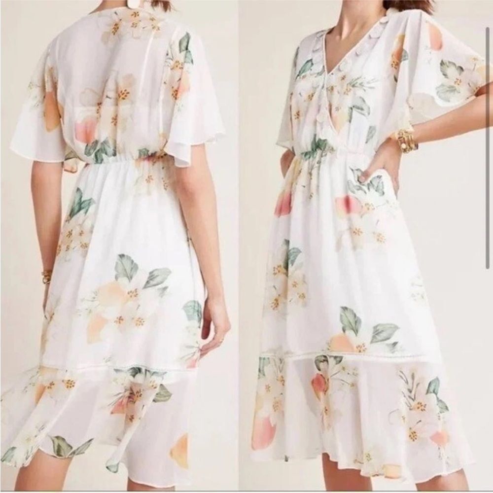 Farm Rio Anthro Midi Dress Womens XS Eloisa Peach Floral  Cream Chiffon
